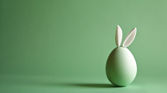  a green egg with a white bunny's ear sticking out of it's side on a green background.