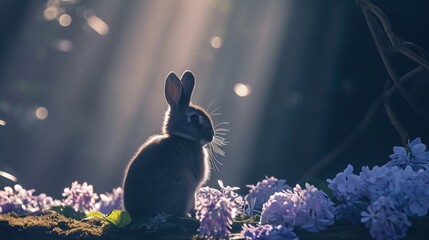  a rabbit sitting in the middle of a field of purple and white flowers with rays of light coming from behind it. - obrazy, fototapety, plakaty