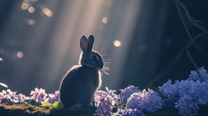 Foto op Aluminium  a rabbit sitting in the middle of a field of purple and white flowers with rays of light coming from behind it. © Olga