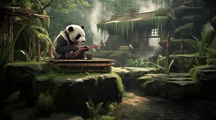 Fotobehang A panda gardener cultivating a serene bamboo meditation garden with dedication.  © Galib