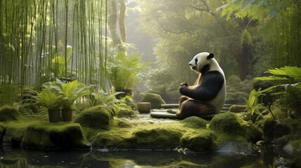 A panda gardener cultivating a serene bamboo meditation garden with dedication.
