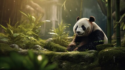 A panda gardener cultivating a serene bamboo meditation garden with dedication.