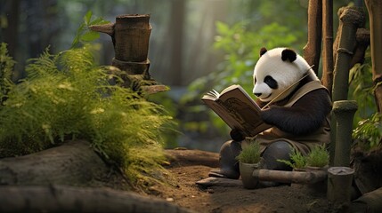 A panda gardener cultivating a serene bamboo meditation garden with dedication.
