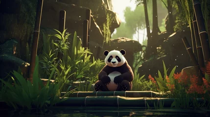 Fototapeten A contemplative panda enjoying the tranquil beauty of a bamboo garden.  © Galib