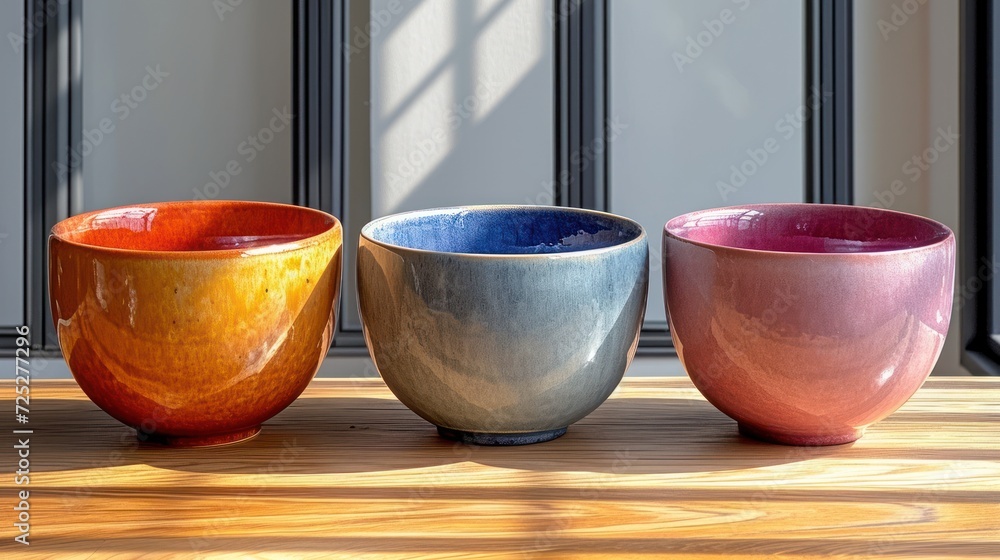 Poster a group of three bowls sitting on top of a wooden table in front of a glass window with a window sil