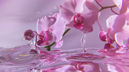  a group of pink flowers floating on top of a body of water with a drop of water on the bottom of the picture.