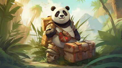 Naklejka premium A panda explorer mapping out a bamboo-filled jungle adventure.