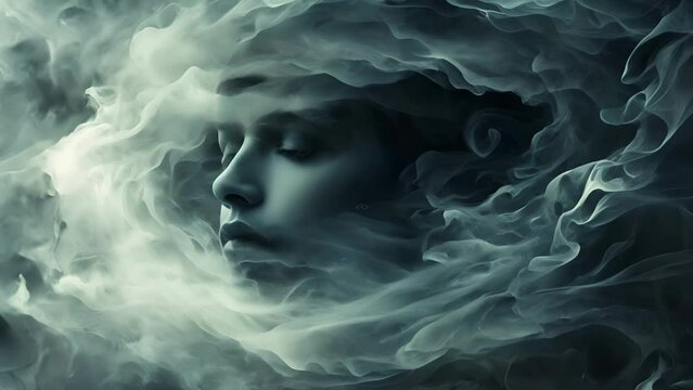 Surreal monochrome portrait of a woman's face emerging from swirling smoke, representing concepts of dreams, the ethereal, and the intangible
