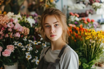 Naklejka premium young female florist in the flower shop