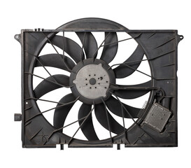 Car cooling fan with plastic blades radiator fan on white background. Car thermal clutch. Radiator fan cooling on white background.