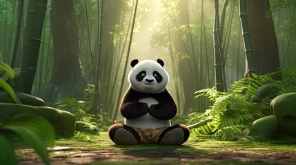 Foto op Plexiglas A sporty panda practicing yoga poses in a serene bamboo grove. © Galib