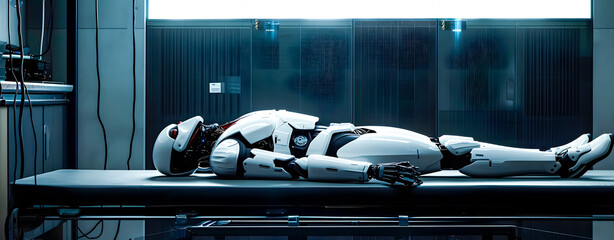 Artificial intelligence, a humanoid robot lying on a stretcher for fine-tuning or repair. - obrazy, fototapety, plakaty