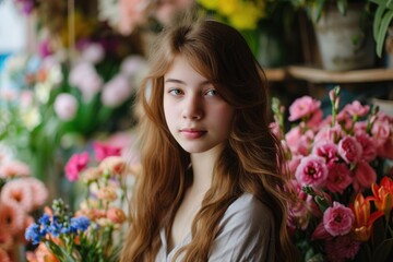 Obraz na płótnie Canvas young female florist in the flower shop