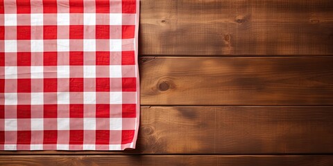 Tablecloth mockup, checkered napkin on wooden table, red and white banner, gingham pattern kitchen towel, restaurant dishcloth, wood background with tablecloth, empty area. - obrazy, fototapety, plakaty