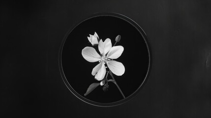  a black and white photo of a flower in a round picture frame with a reflection of it's petals.