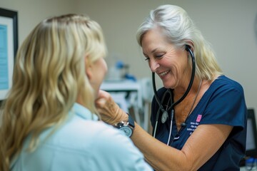 Female nurse using a stethoscope on a senior woman in the doctors office - obrazy, fototapety, plakaty
