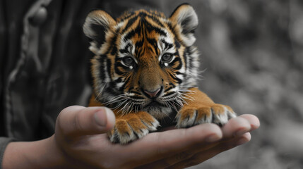  a close up of a person holding a small tiger cub in their hands with a black and white photo in the background.