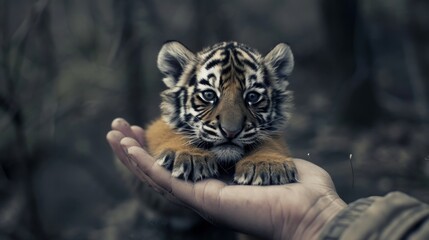  a hand holding a small tiger cub in the palm of it's owner's outstretched hand in front of a wooded area.