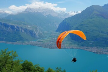 paragliding with lake and mountain view
