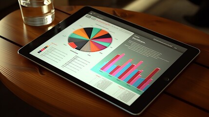 A close-up of a pie chart and bar graph on a tablet screen, indicating business analytics