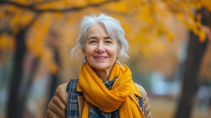 Portrait of senior woman smiling outdoor. Cheerful old woman in autumn park with copy space. Happy retired lady with grey hair and red beret smiling and looking away.