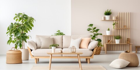 Stylish home decor with Scandinavian and cozy living room featuring a beige sofa, pillows, side tables, plants, bamboo ladder, carpet, and personal accessories.