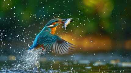  a blue bird with a fish in it's mouth is in the water with it's wings open.