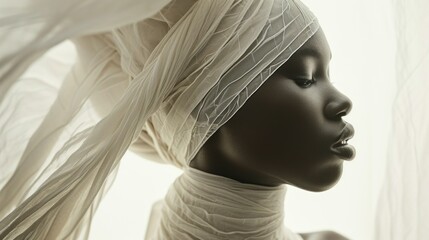  a mannequin's head wearing a white turban and a white scarf on it's head.