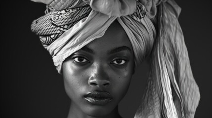  a black and white photo of a woman wearing a turban with a flower on top of her head.