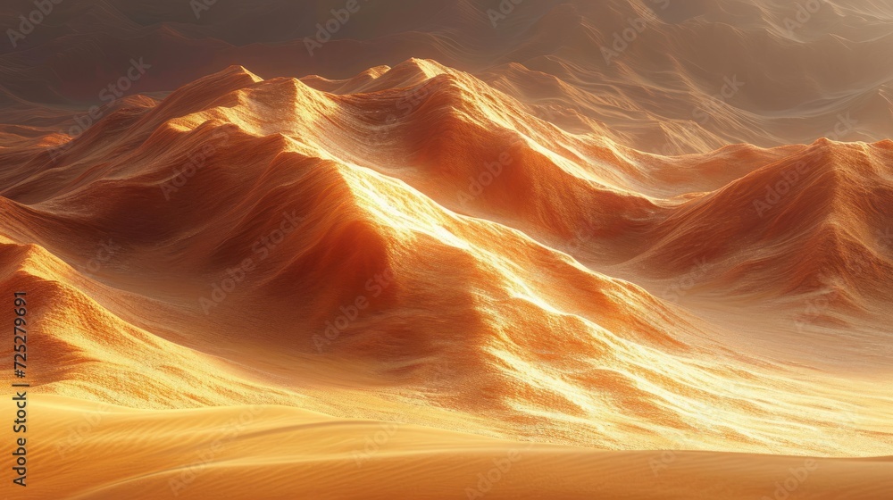 Poster  a computer generated image of a desert with mountains in the foreground and sun shining through the clouds in the background.