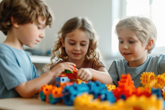 Children enthusiastically assemble parts of toy to play