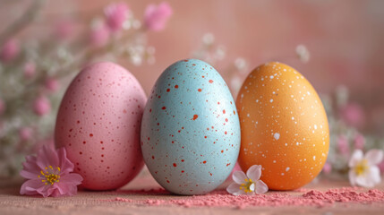 Fototapeta na wymiar Colorful Speckled Easter Eggs with Blooming Flowers, Seasonal Decor