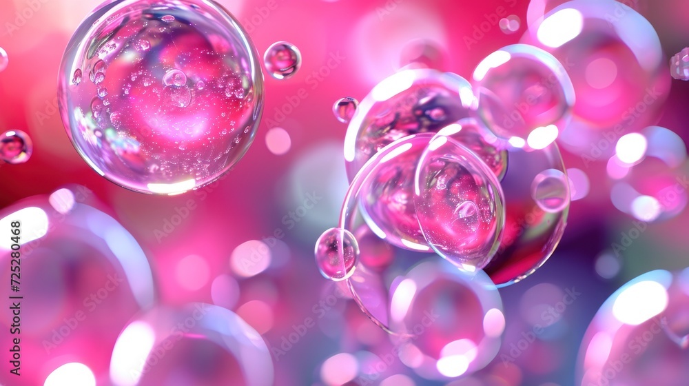 Poster a group of bubbles floating on top of a pink and blue background with a red and white design on the 