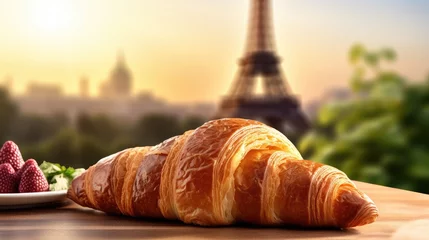 Fototapeten Food photo of a croissant with the Eiffel Tower in the background © Galib