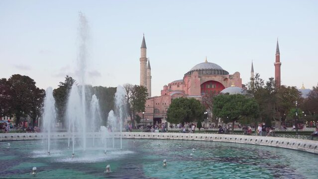 Scenic fountain at the Sultanahmet Square and the Hagia Sophia