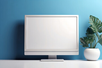 Monitor with Blank white screen on blue background, Realistic and High-Quality Render