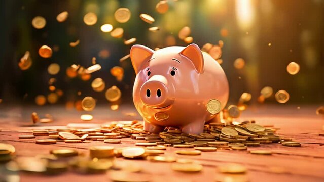 Piggy bank and flying golden coins outdoors. Concept of saving money, smart investments and seasonal sales