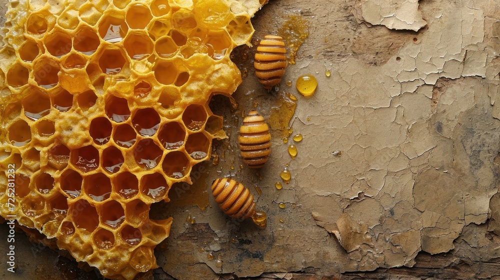 Poster a close up of a beehive with honey combs on the side of the beehive and a honey comb on the other si