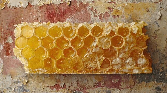 a close up of a piece of honey on a wall with paint peeling off of the wall and peeling off of the wall.