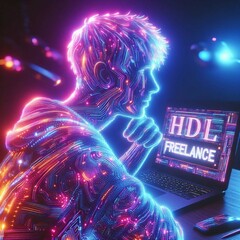 ((Ultra Long Exposure Photography)) high quality, highly detailed, Colorful handsome hip hop man silhouette neon dots, beautiful silhouette,Electronic devices such as a very light gray laptop in BG 12