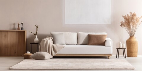 Stylish furniture with soft carpet in living room interior.