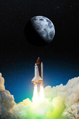 Spaceship lift off. Space shuttle with smoke and blast takes off into space on a background of sunset with a full moon.