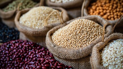 Obraz premium a bunch of bags filled with lots of different types of beans and grains next to each other on a table.