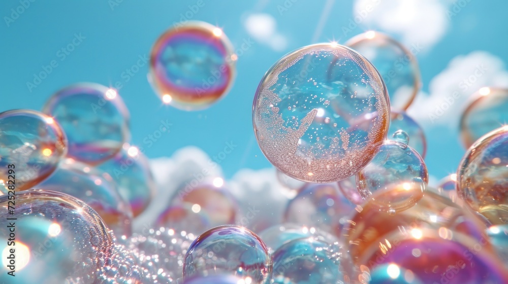 Poster a bunch of bubbles floating in the air with a blue sky in the back ground and some clouds in the bac