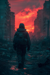 post apocalypse scene showing the man waling in ruined town
