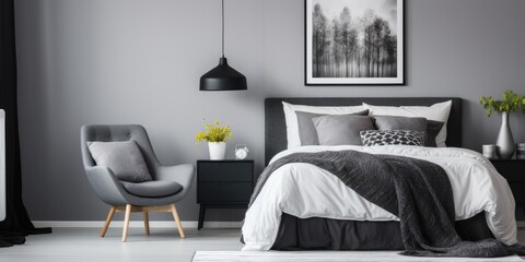 Contrasting black and white bed poster in a gray bedroom with chair and lamp.