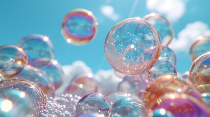 Naklejka premium a bunch of bubbles floating in the air with a blue sky in the back ground and some clouds in the background.