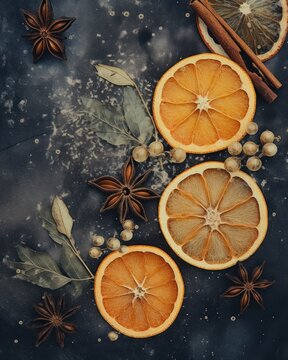  a group of sliced oranges sitting on top of a table next to cinnamons and star anisets.
