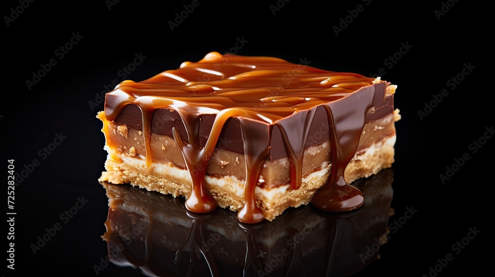 Wall mural Photo of delicious caramel slice on the black background