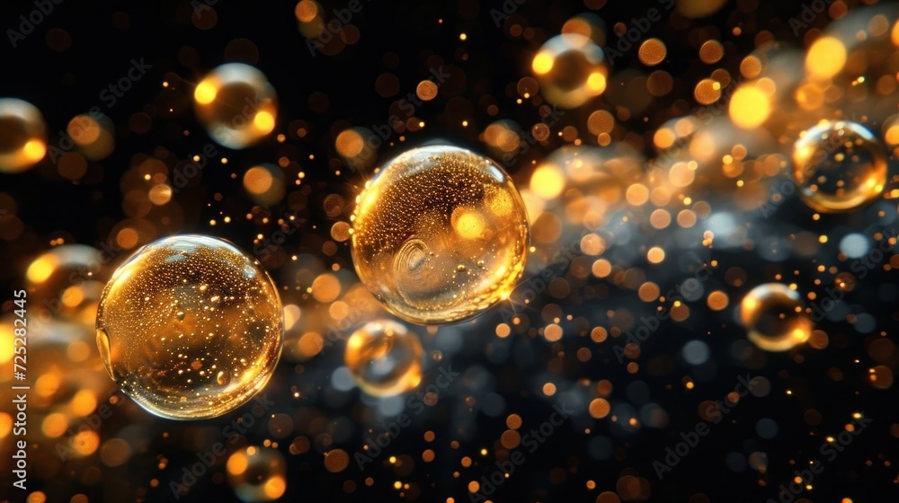 Poster a group of bubbles floating on top of a black surface with a lot of bubbles floating on top of it.